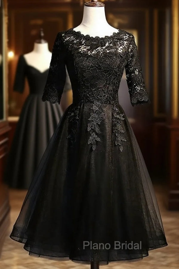 Black Lace and Tulle Short Sleeves Party Dresses Formal Dresses, Black Homecoming Dresses Secondary image