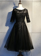 Black Lace and Tulle Short Sleeves Party Dresses Formal Dresses, Black Homecoming Dresses