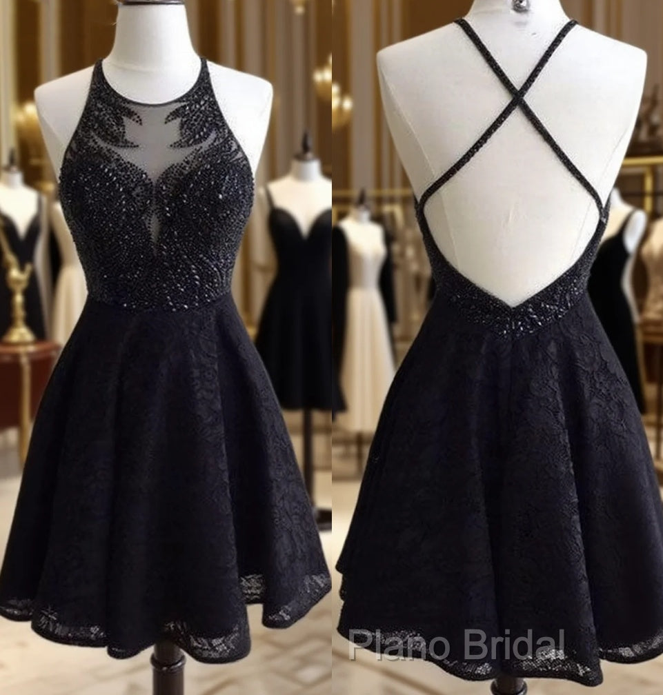 Black Lace Beaded Short Formal Prom Dresses, Cute Black Homecoming Dresses Main image