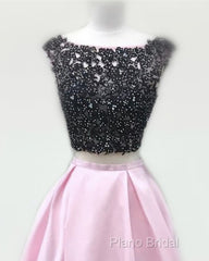 Black Lace Beaded Two Piece Satin Formal Prom Dresses