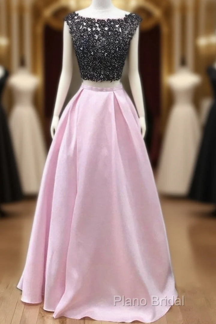 Black Lace Beaded Two Piece Satin Formal Prom Dresses Main image