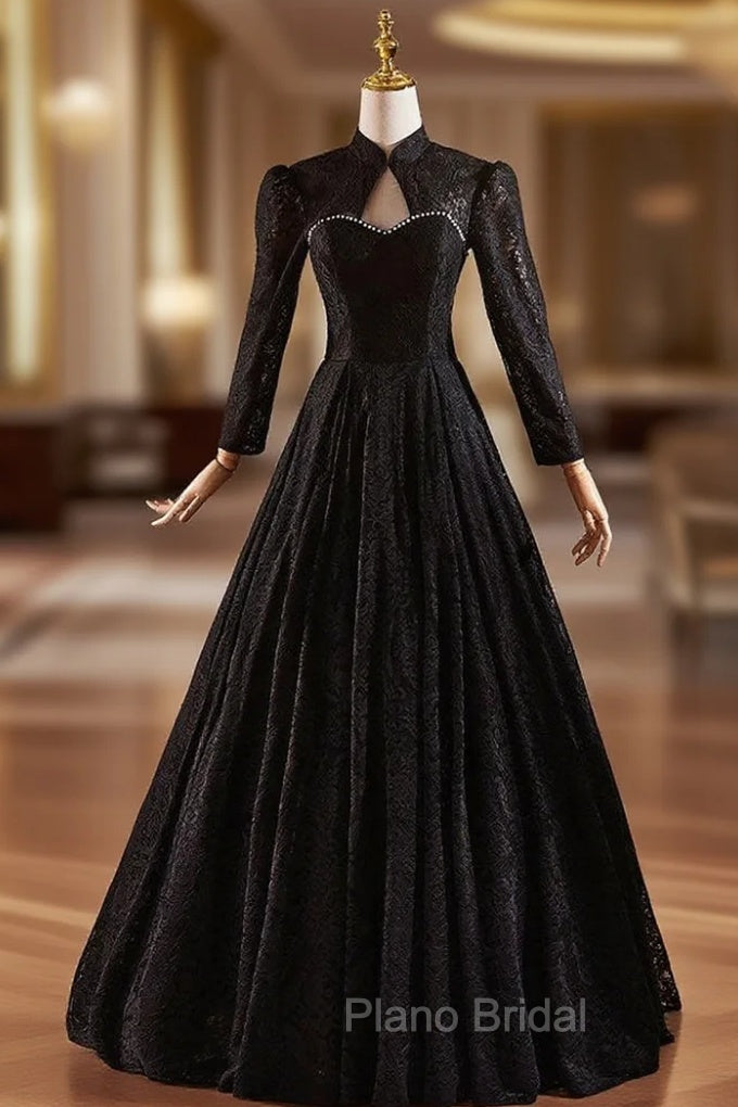 Black Lace Long Sleeve Backless Formal Prom Dresses