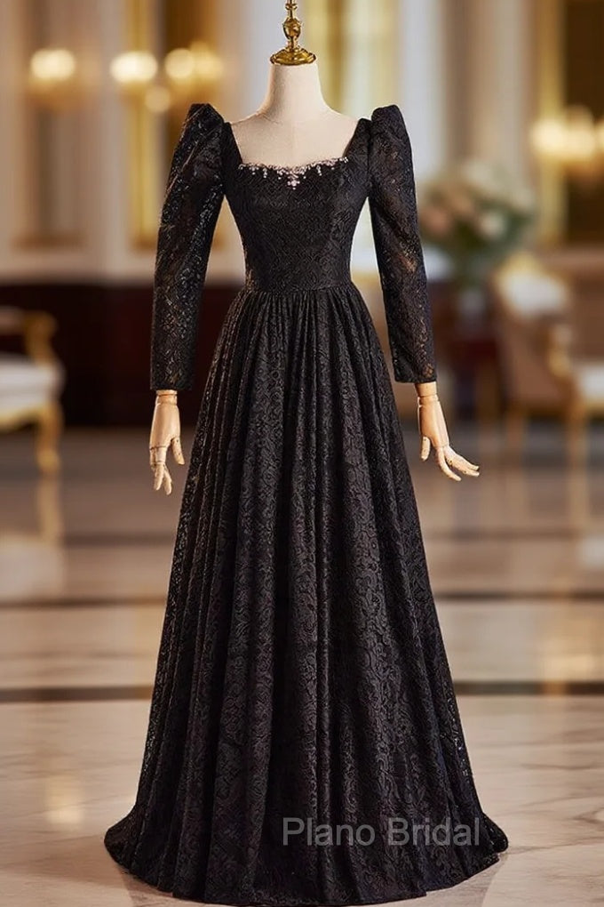 Black Lace Long Sleeve Square Formal Prom Dresses Main image