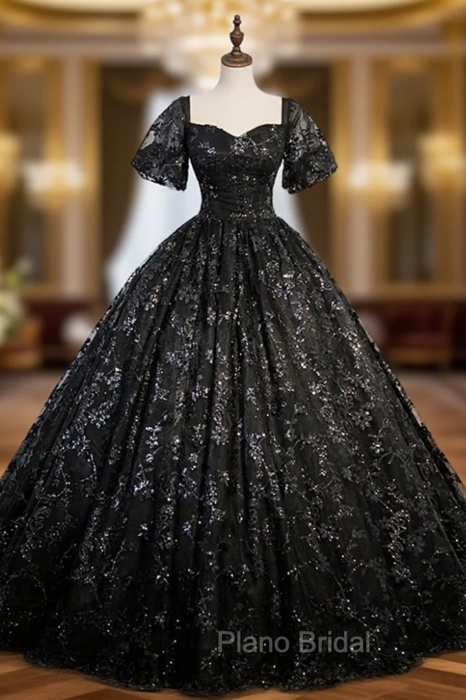 Black Lace Sequins Puff Sleeve Quinceanera Dresses Main image