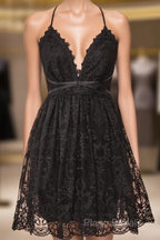 Black Lace Straps A-Line Short Party Dresses Lace Homecoming Dresses