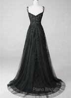 Black Lace Straps Beaded A-line Formal Prom Dresses Party Dresses, Black Floor Length Formal Dresses