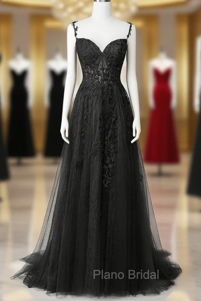 Black Lace Straps Beaded A-line Formal Prom Dresses Party Dresses, Black Floor Length Formal Dresses