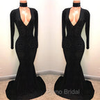 Black Lace V-Neck Formal Prom Party Gowns| Mermaid Long-Sleeve Evening Gowns