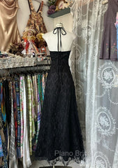 Black Lace V-Neckline A-Line Halter Party Dresses, Black Vintage Style Formal Prom Dresses
