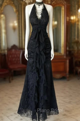 Black Lace V-Neckline A-Line Halter Party Dresses, Black Vintage Style Formal Prom Dresses