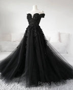 Black Lace Wedding Dresses Off The Shoulder Pearls Tulle Formal Prom Dresses