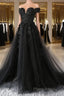 Black Lace Wedding Dresses Off The Shoulder Pearls Tulle Formal Prom Dresses