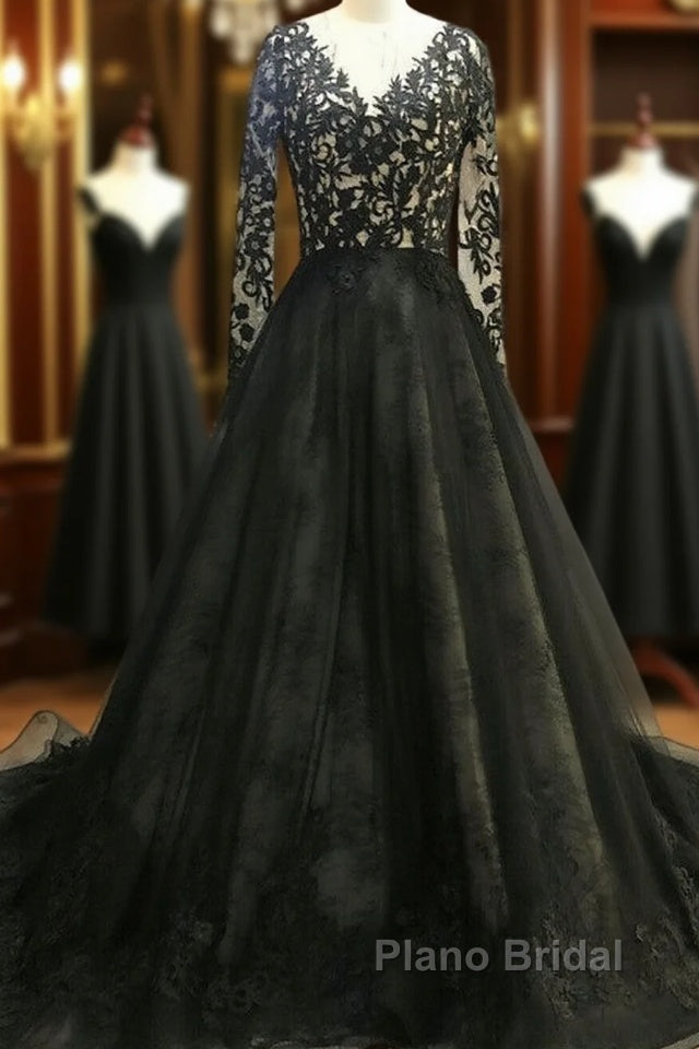 Black Long A-Line V Neck Lace Tulle Wedding Dresses with Sleeves