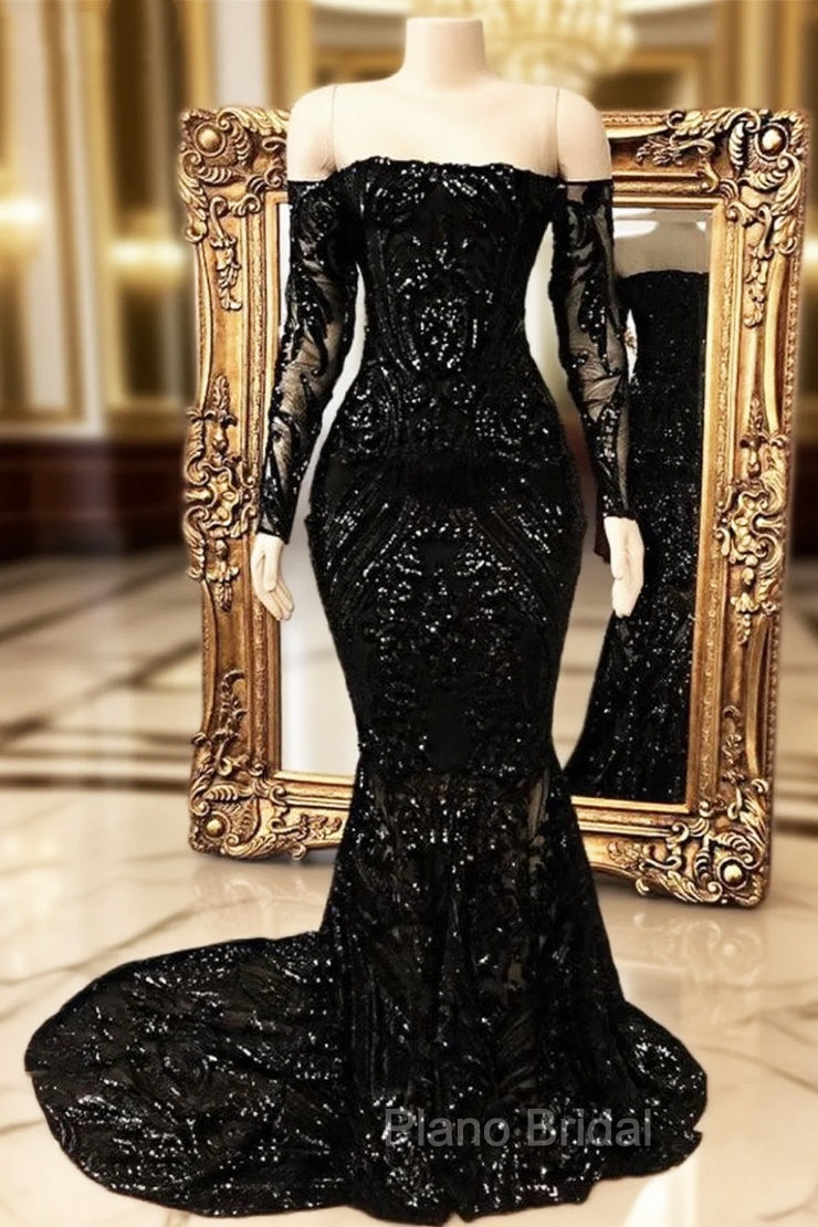Black Long Mermaid Off the shoulder Formal Prom Dresses with Sleeves Main image