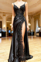 Black Long Satin with Lace Straps Long Party Dresses, Black Evening Dresses