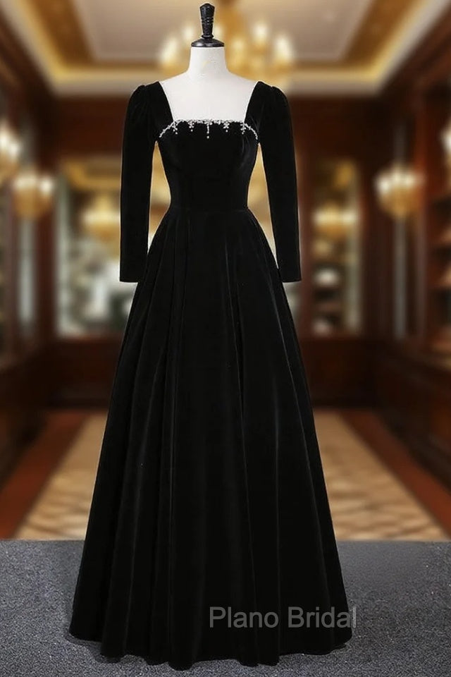 Black Long Sleeve Velvet Crystal Formal Prom Dresses Main image