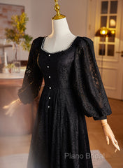Black Long Sleeves Lace A-Line Party Dresses, Black Lace Wedding Party Dresses