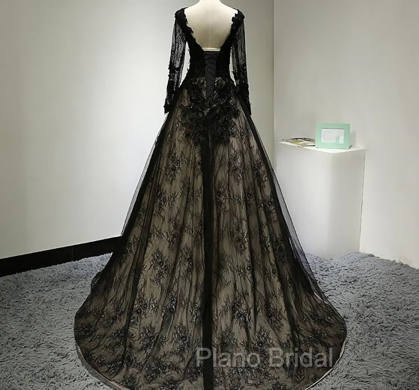 Black Long Sleeves Lace Formal Prom Dresses, Black Evening Gown Secondary image