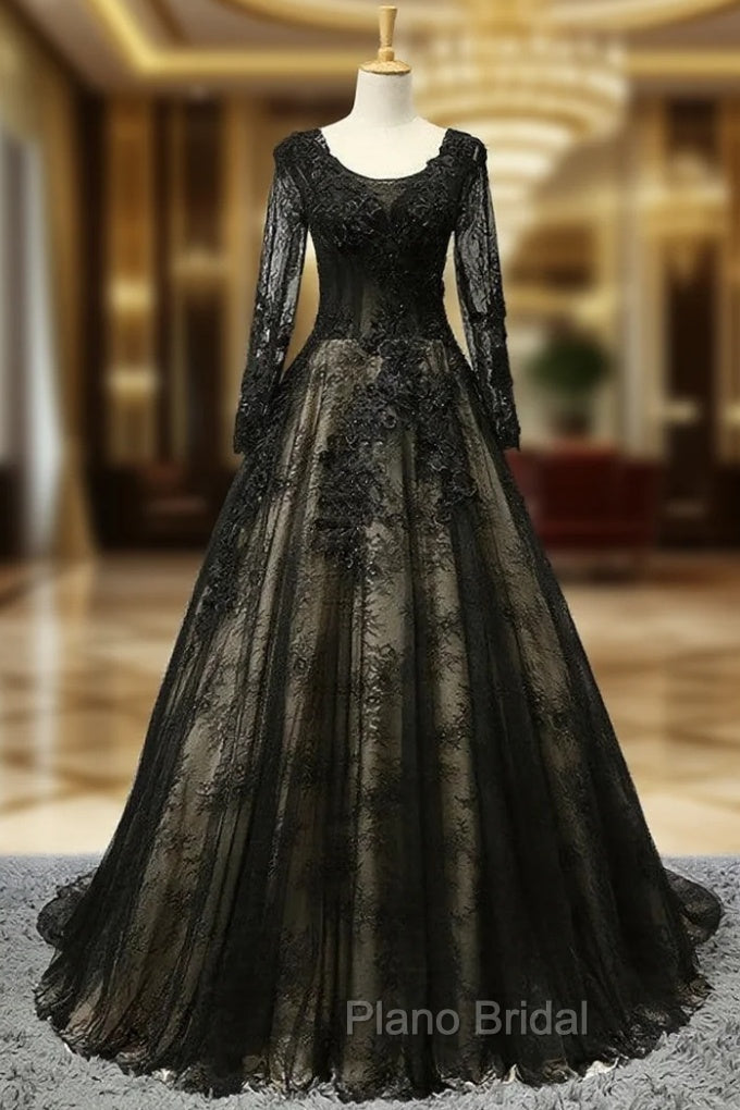 Black Long Sleeves Lace Formal Prom Dresses, Black Evening Gown Main image