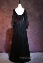 Black Long Sleeves V-neckline Evening Dresses, Black Formal Prom Dresses