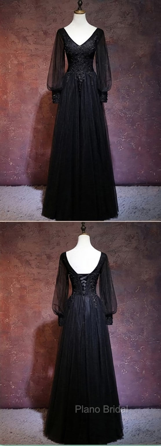 Black Long Sleeves V-neckline Evening Dresses, Black Formal Prom Dresses Secondary image