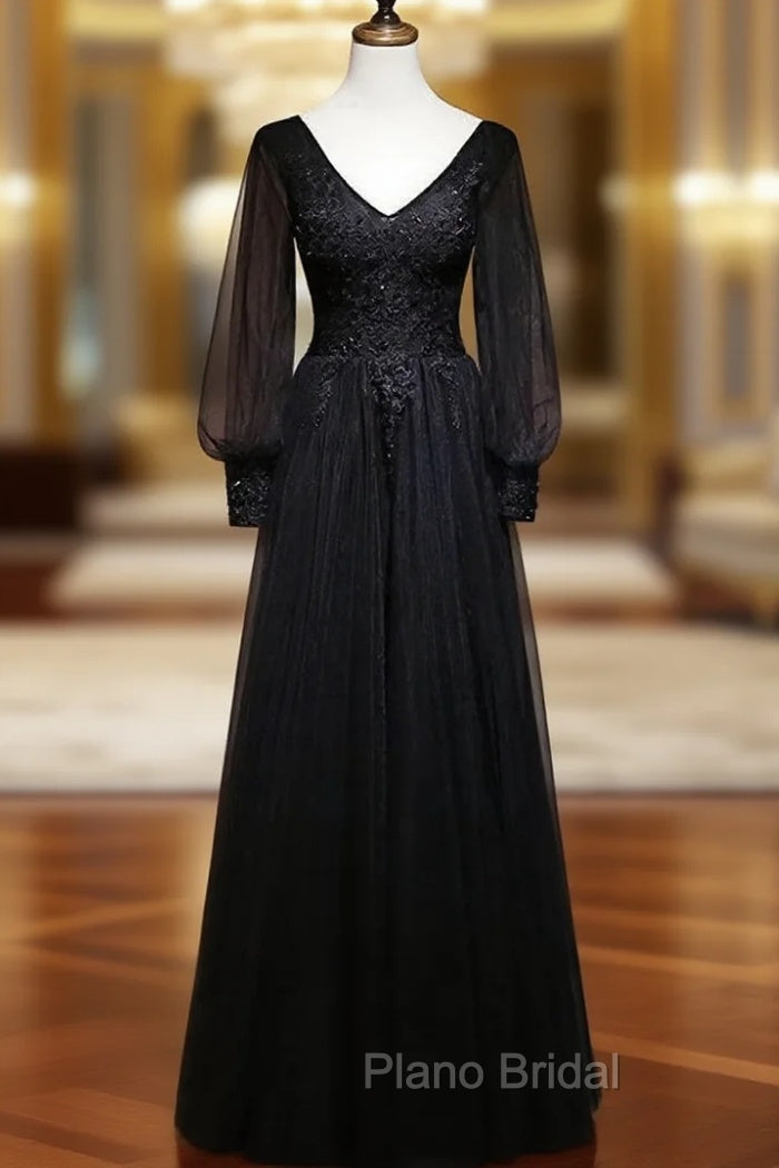 Black Long Sleeves V-neckline Evening Dresses, Black Formal Prom Dresses Main image