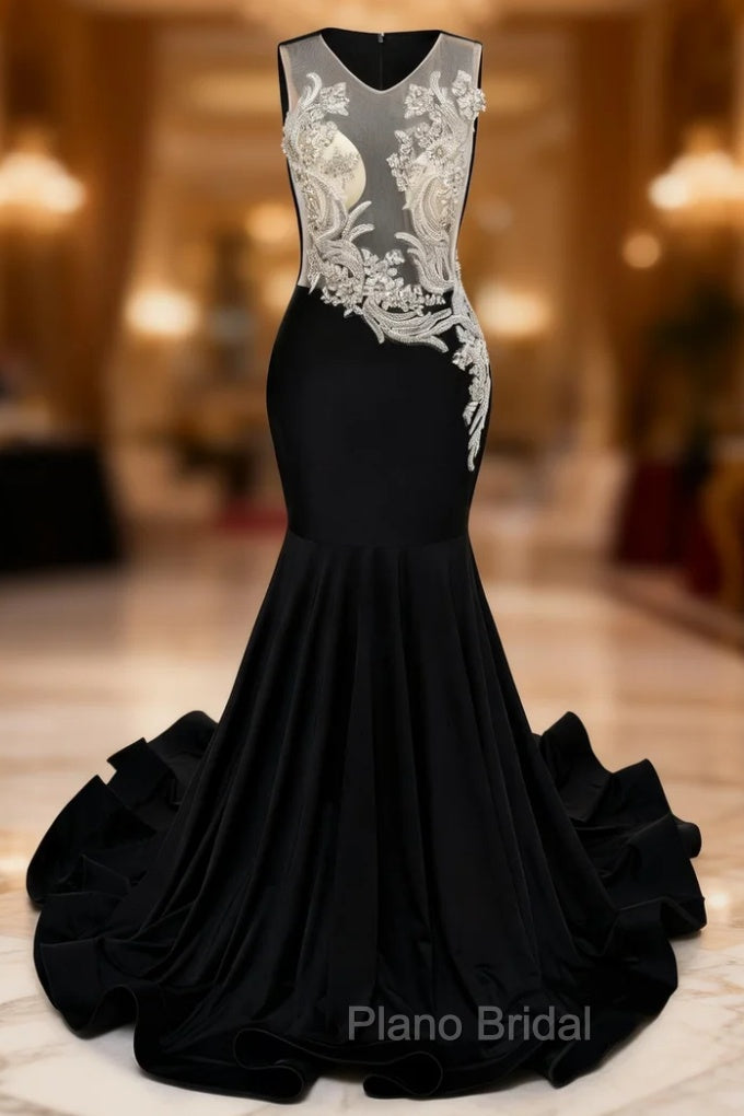 Black Mermaid Appliques Beading Formal Prom Dresses Main image