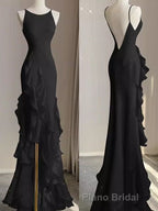 Black Mermaid Beach Wedding Dresses With Ruffles, Spaghetti Straps Backless Formal Prom Gown