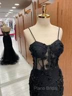 Black Mermaid Lace Long Formal Prom Dresses, Black Lace Evening Dresses