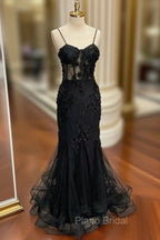 Black Mermaid Lace Long Formal Prom Dresses, Black Lace Evening Dresses