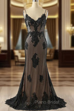 Black Mermaid Lace Straps Evening Dresses Party Dresses, Black Long Formal Prom Dresses