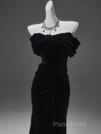 Black Mermaid Off-The-Shoulder Velvet Long Formal Prom Dresses, Elegant Quinceanera Dresses