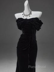 Black Mermaid Off-The-Shoulder Velvet Long Formal Prom Dresses, Elegant Quinceanera Dresses