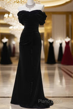 Black Mermaid Off-The-Shoulder Velvet Long Formal Prom Dresses, Elegant Quinceanera Dresses