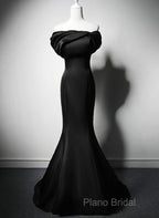 Black Mermaid Satin Off Shoulder Formal Dresses, Black Satin Formal Prom Dresses