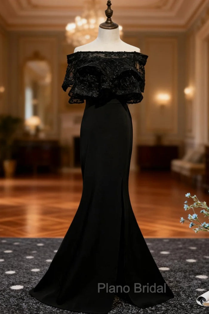 Black Mermaid Satin Off the Shoulder Formal Prom Dresses With Split Main image