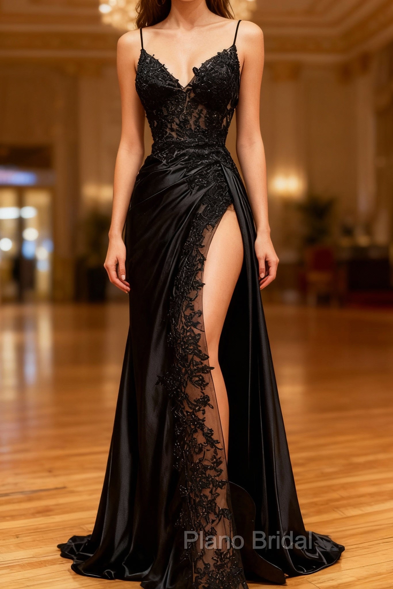 Black Mermaid Satin Spaghetti Sraps Formal Prom Dresses