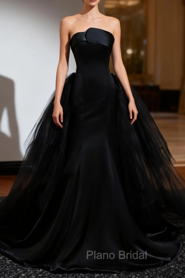 Black Mermaid Satin Tulle Strapless Formal Prom Dresses Main image