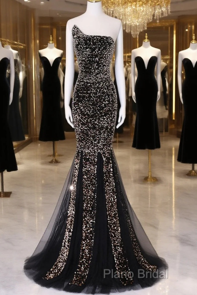 Black Mermaid Sequins Long Formal Prom Dresses, Black Formal Dresses Party Dresses