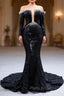 Black Mermaid Sequins Pearls See Through Neck Formal Prom Dresses