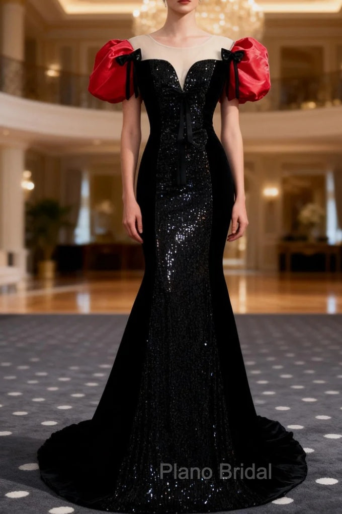 Black Mermaid Sequins Puff Sleeve Formal Prom Dresses Main image