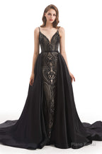 Mermaid Sequins Spaghetti Straps Prom Dresses With Detachable Train