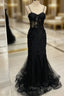 Black Mermaid Spaghetti Straps Flower Formal Prom Dresses