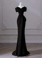 Black Mermaid Sweetheart Off Shoulder Prom Dress, Black Satin Evening Dress