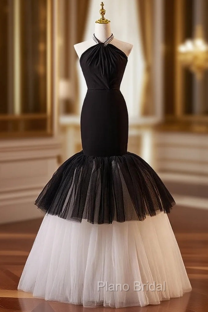 Black Mermaid Tulle Halter Formal Prom Dresses