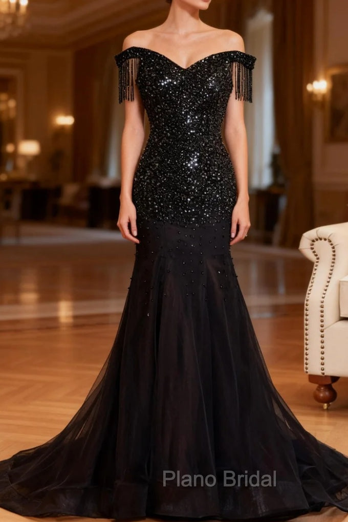 Black Mermaid Tulle Off the Shoulder Beading Formal Prom Dresses Main image