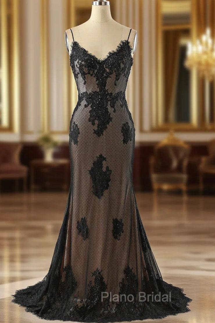 Black Mermaid V-neckline Straps Lace Party Dresses, Black Mermaid Formal Prom Dresses Main image