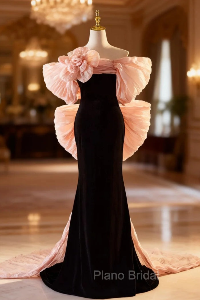 Black Mermaid Velvet Pink Bow Formal Prom Dresses