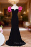 Black Mermaid Velvet Puff Sleeve Backless Formal Prom Dresses