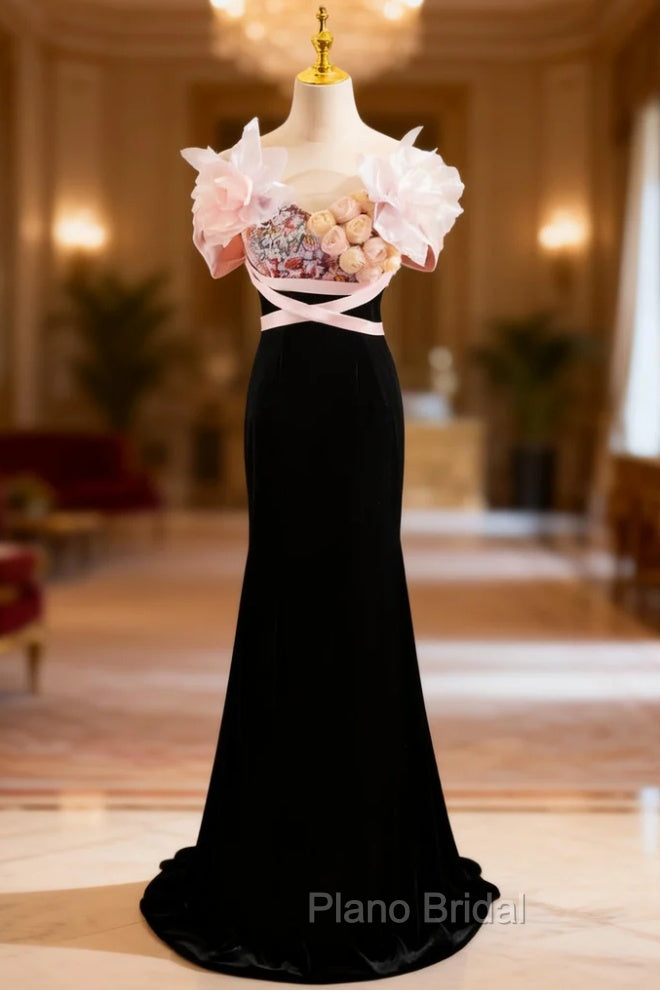 Black Mermaid Velvet Strapless Flower Formal Prom Dresses